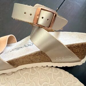 Papillio Metallic Beige Leather Wedge Sandal with Rose Gold Buckle